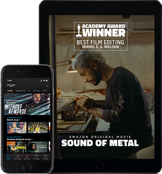 Tablet y teléfono mostrando Amazon Originals con SOUND OF METAL, un ganador del Premio de la Academia por mejor edición de filmación, Mikkel E. G. Nielsen.   