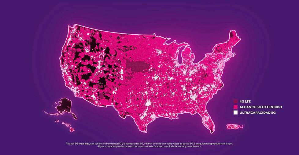 Mapa de EE. UU. iluminado en magenta, con todos los lugares donde tienes cobertura.