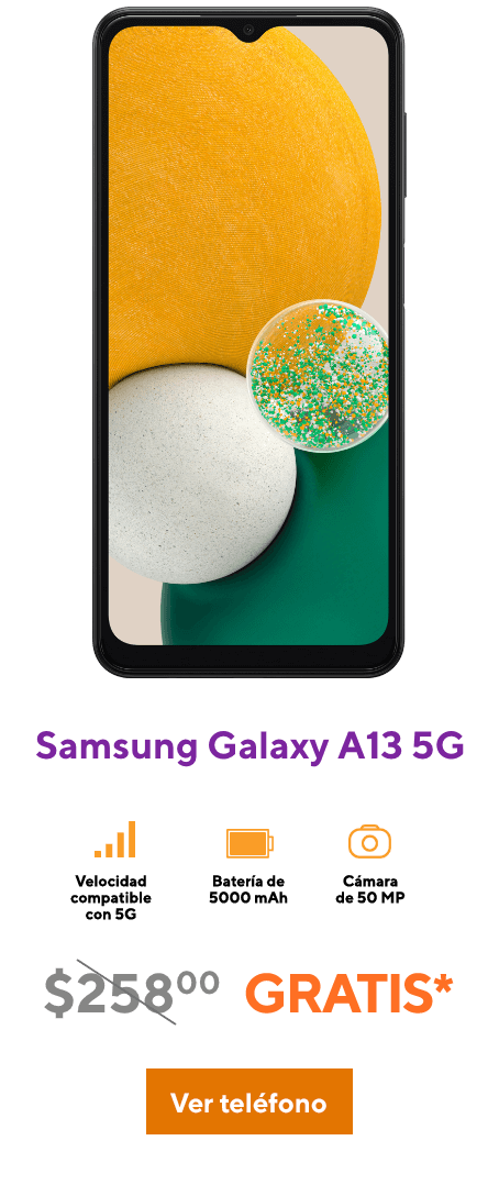 Vista de adelante del Samsung Galaxy A13 5G mostrando su pantalla impresionante.