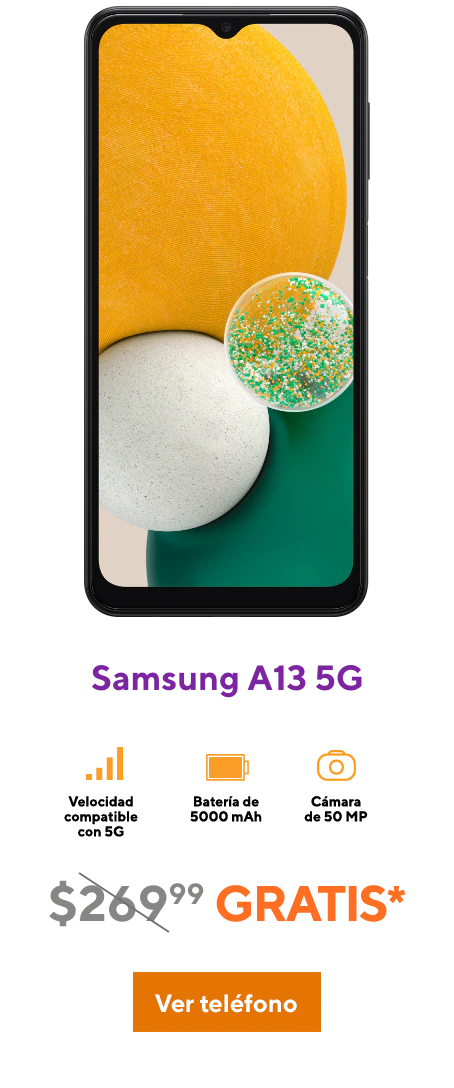 Vista de adelante del Samsung Galaxy A13 5G mostrando su pantalla impresionante.