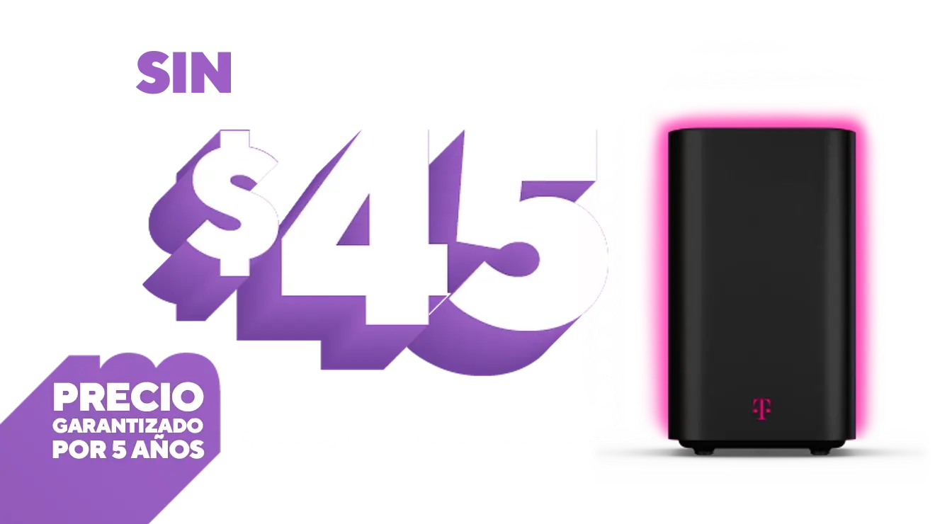 Sin cargos de activación. 45 dólares por mes con AutoPago y una línea de voz​​​​​​​. Garantía de precio de 5 años. Imagen del Gateway 5G​​​​​​​.